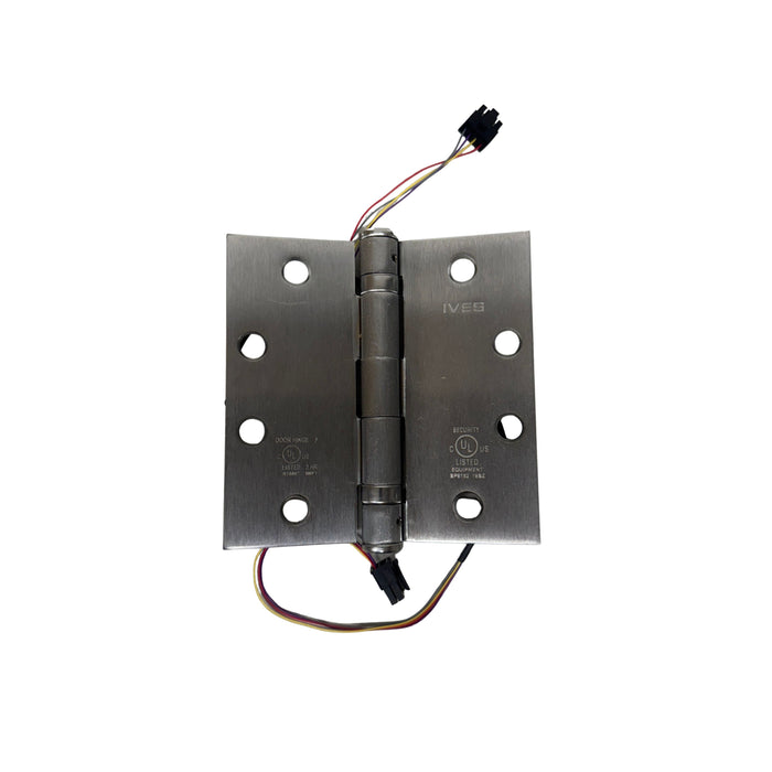 IVES 5BB1 TW4 electric hinge – 4‑1/2″ x 4‑1/2″ satin chrome – five‑knuckle, full‑mortise ball‑bearing, through‑wire connector.