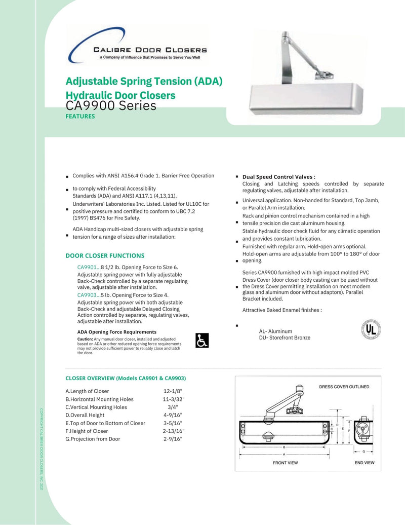 CA9901AL - Door Closer - ADA Compliant - Adjustable Spring Size 1-5 - Aluminum