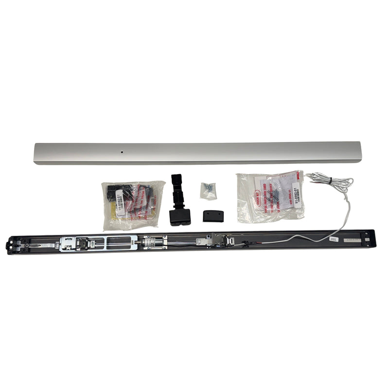 Complete kit contents for the ARLP-8611-EU 24V 48" electrified Adams Rite 8600 CVR panic bar, Aluminum finish, including vertical rods.
