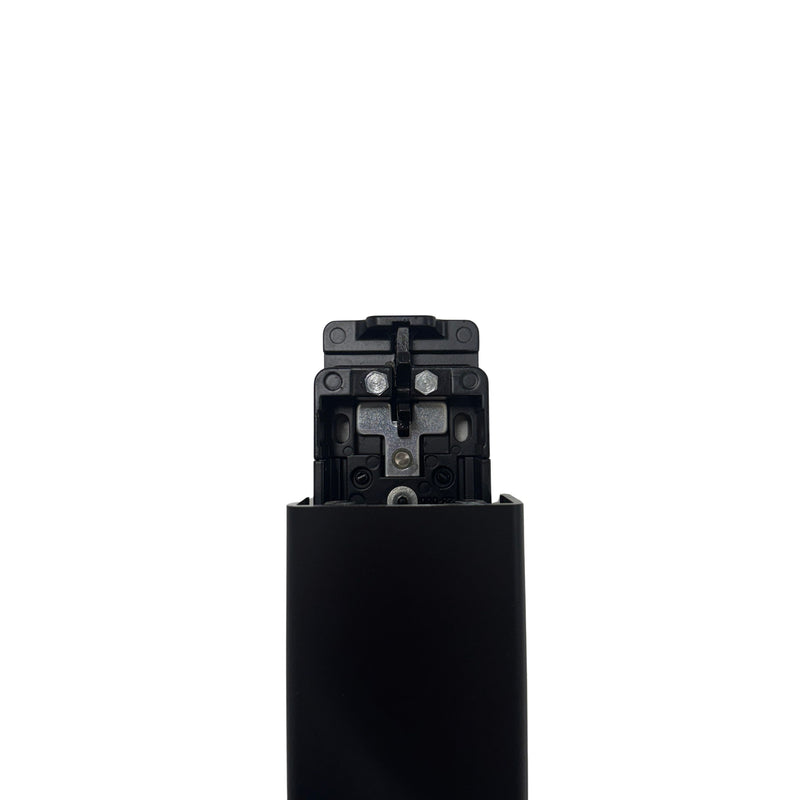 Top-down close-up of the latch head and Dark Bronze (DU) body of the 42" 12V ARLP-8802-EU electrified rim exit device.