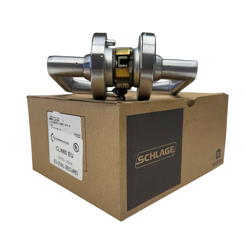 CLN80PDEU 12V electrified lock with Rhodes lever, featuring 626 satin chrome finish, displayed on its Schlage chassis box.