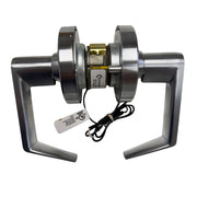 Top-down view of the Command Access CLN80PDEU 24V fail-secure lock, showing the Rhodes lever and SC keyway access.