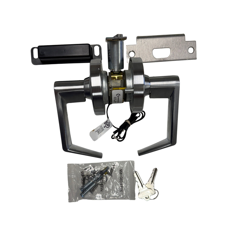 Complete CLN80PDEU installation kit laid out: electrified chassis, Rhodes levers, cylinder, and hardware.