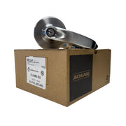 CLN80PDEU 12V electrified lock with Sparta lever and REX, featuring 626 satin chrome finish, on top of Schlage ND80 box.