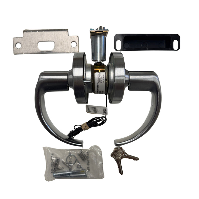 Complete CLN80PDEU SPA 24V kit laid out: electrified chassis, Sparta levers, cylinder, and hardware components.