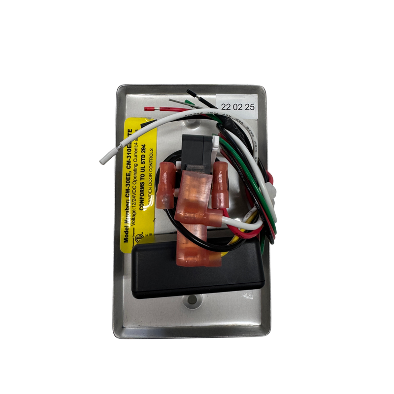 Back view of CM-30EE Camden exit switch showing wiring terminals and electrical connections