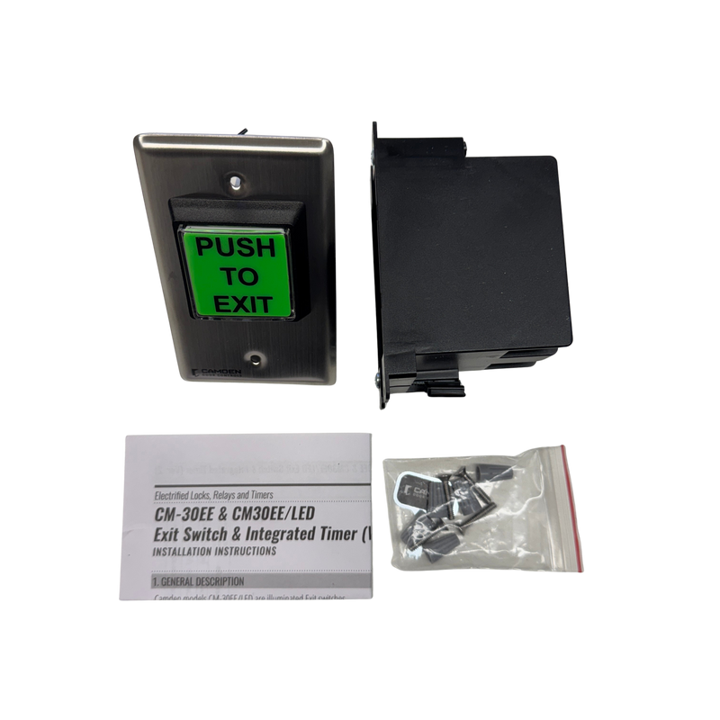 CM-30EE Camden LED exit switch with mounting box and installation hardware components