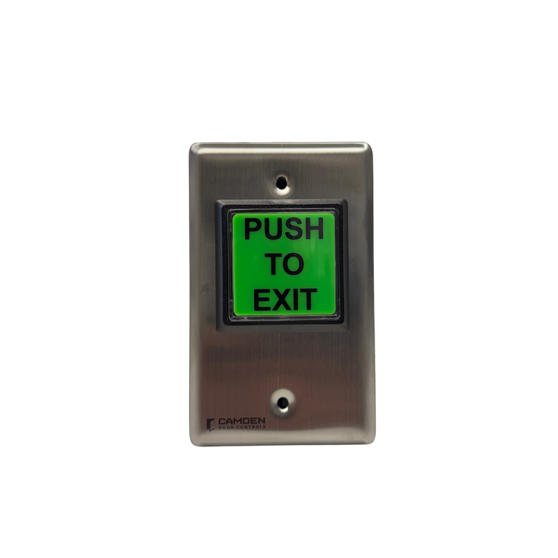 CM-30EE Camden LED illuminated exit switch with green push to exit button and stainless steel faceplate