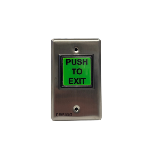 CM-30EE Camden LED illuminated exit switch with green push to exit button and stainless steel faceplate