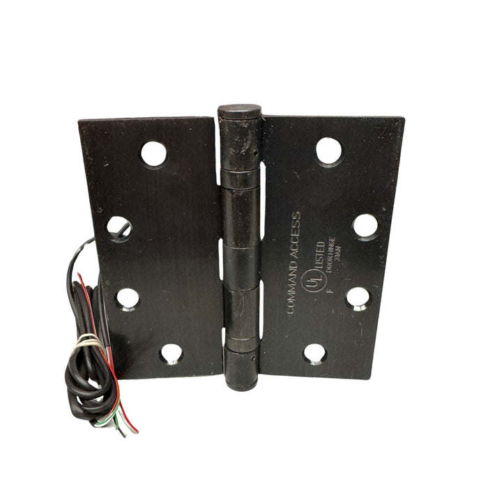 Command Access Electrified Hinge in the oil rubbed bronze color, 4 wire, 5 knuckle, and 4 by 4 size. Part number BB79 ETH4w5k4040 613.