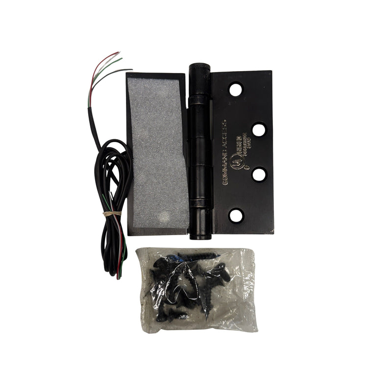 ETH4W5K4540 4-wire Energy Transfer Hinge open, with included screws and installation hardware kit.
