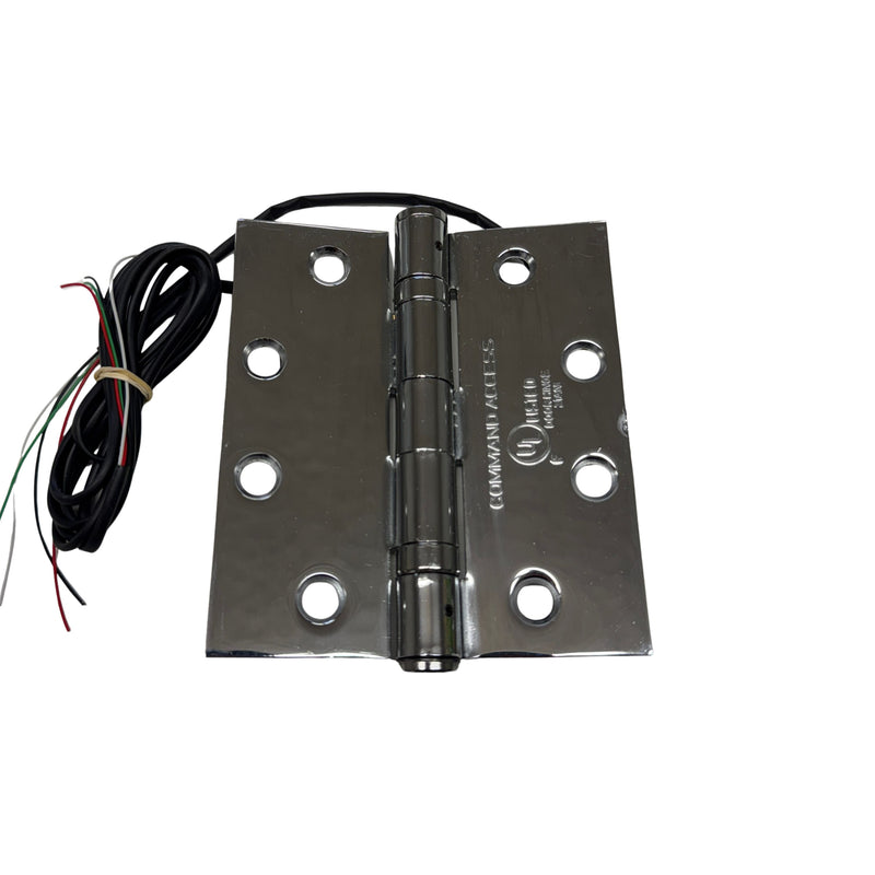Straight-on view of the ETH4W5K4540 4-wire Energy Transfer Hinge, 4.5" x 4.0", Bright Chromium (625), showing concealed low-voltage wires.