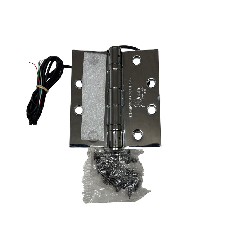 ETH4W5K4540 4-wire Energy Transfer Hinge open, with included screws and installation hardware kit, Bright Chromium.