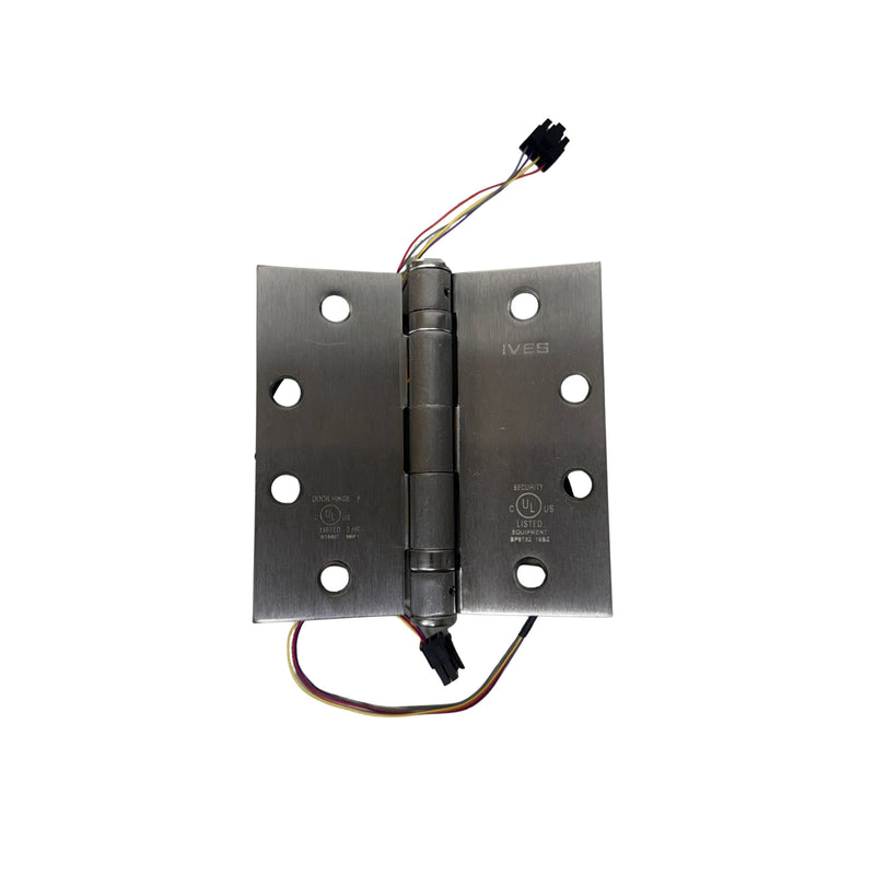 IVES 5BB1 TW4 electric hinge – 4‑1/2″ x 4‑1/2″ satin chrome – five‑knuckle, full‑mortise ball‑bearing, through‑wire connector.