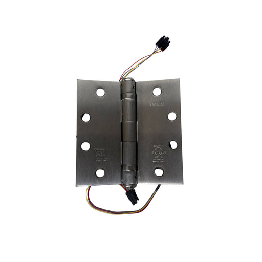IVES 5BB1 TW4 electric hinge – 4‑1/2″ x 4‑1/2″ satin chrome – five‑knuckle, full‑mortise ball‑bearing, through‑wire connector.