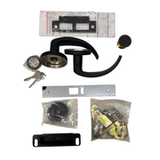 Complete L17B 613 Mortise Trim kit contents: levers, SC keyway cylinder, door strike, and installation hardware.