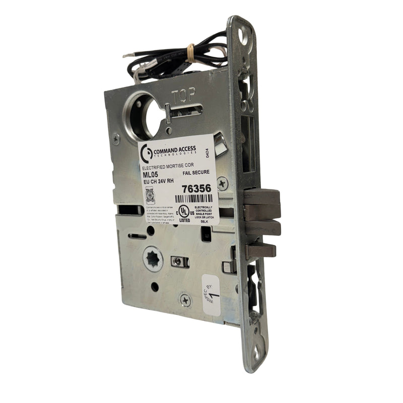 Command Access ML05-EU-CH-24V mortise lock angled view showing 24V electrified retrofit design