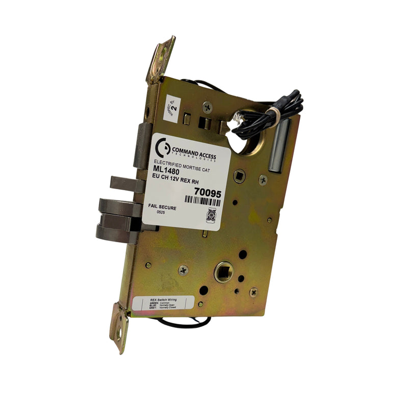 Command Access ML1480-EU-CH-12V-REX mortise lock angled view showing 12V electrified retrofit design with integrated REX
