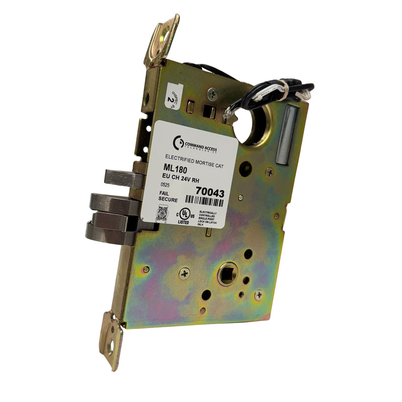 Command Access ML180-EU-CH-24V mortise lock angled view showing 24V electrified retrofit design