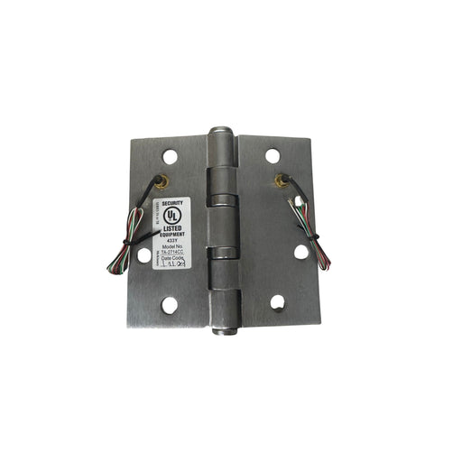 McKinney TA2714 CC4 concealed-circuit hinge in satin chrome, five-knuckle full mortise design with 4-wire power transfer.