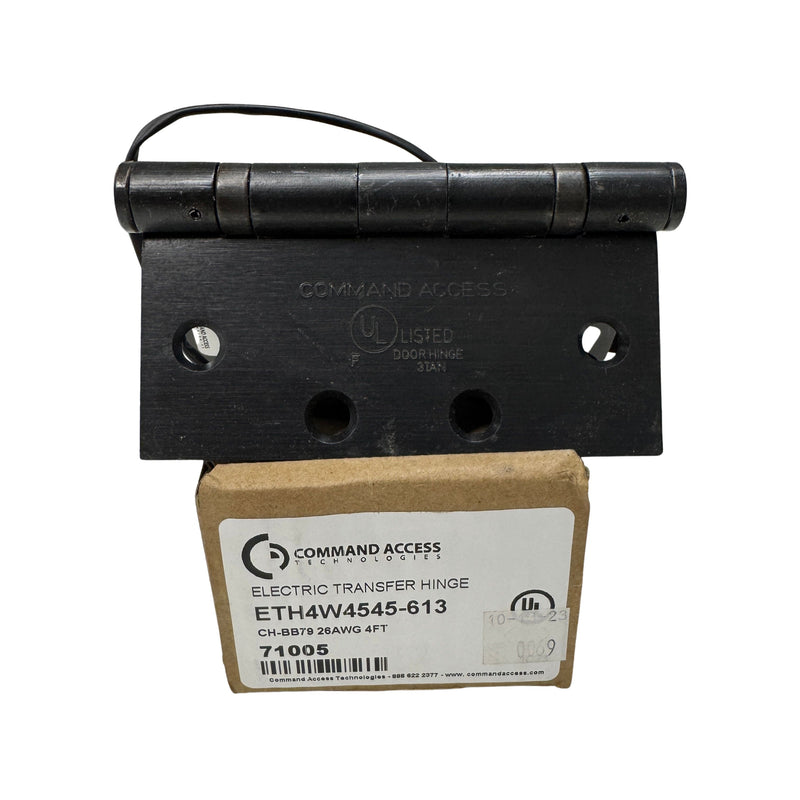 Command Access ETH4W5K4545 613 4-wire hinge resting on branded Command Access box, showing manufacturer stamp and oil rubbed bronze finish.