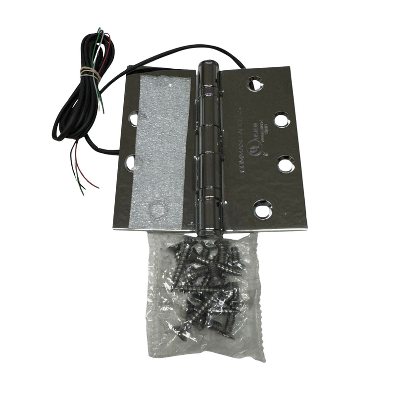 Command Access ETH4W5K4545 625 CH-BB79 4.5 x 4.5 bright chromium electric hinge displayed with matching screw pack.