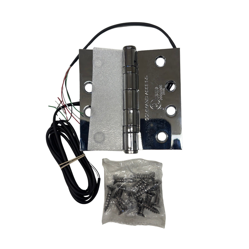 Command Access ETH4W5K4040 625 CH-BB79 4 x 4 bright chromium electric hinge displayed with matching screw pack.