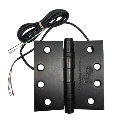 Front view of Command Access ETH4W5K4040 613 CH-BB79 4-wire electric hinge in oil rubbed bronze finish, 5-knuckle 4 x 4 design.