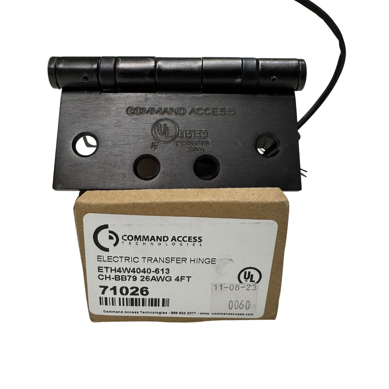 Command Access ETH4W5K4040 613 CH-BB79 4-wire hinge resting on Command Access box, showing logo stamp and oil rubbed bronze finish.