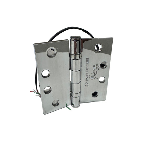 Front view of Command Access ETH4W5K4040 625 CH-BB79 4-wire electric hinge in bright chromium finish, showing 5-knuckle 4 x 4 design.