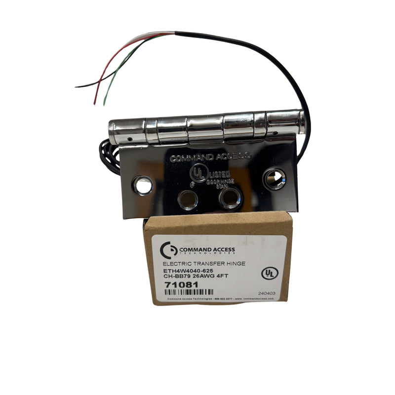Command Access ETH4W5K4040 625 CH-BB79 4-wire hinge placed on branded Command Access box, showing manufacturer logo and bright chromium finish.