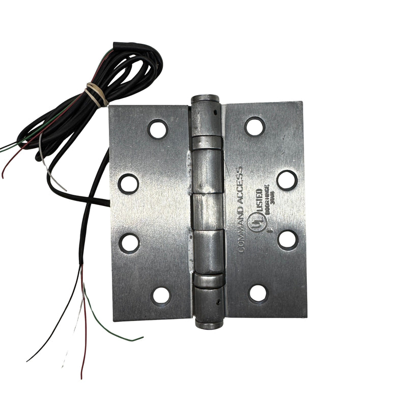 Front view of Command Access ETH4W5K4540 626 CH-BB79 4-wire electric hinge in satin chrome finish, showing 5-knuckle 4.5 x 4.0 design.