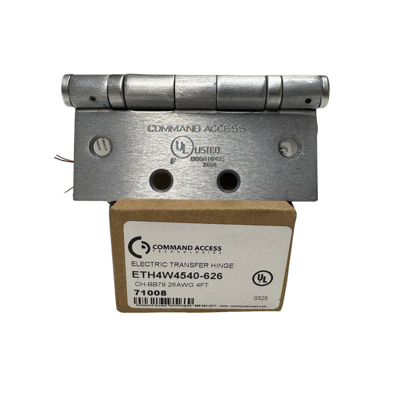 Command Access ETH4W5K4540 626 CH-BB79 4-wire hinge resting on branded Command Access box, showing manufacturer logo and satin chrome finish.