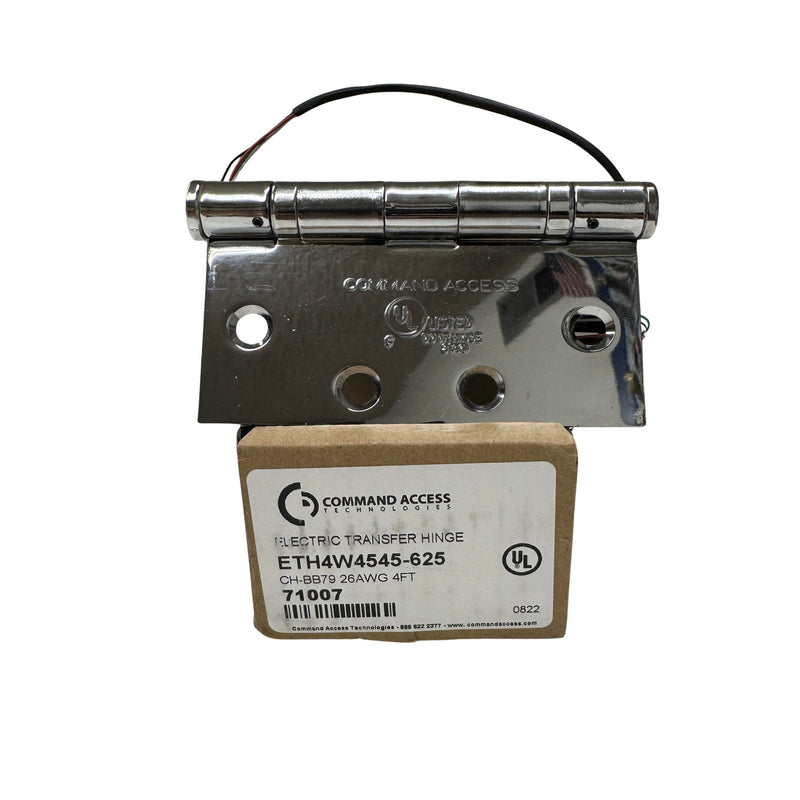 Command Access ETH4W5K4545 625 CH-BB79 4-wire hinge on branded Command Access box, showing logo stamp and reflective bright chromium finish.
