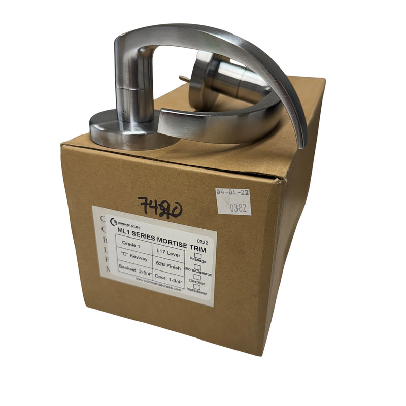 Command Access L17B 626 mortise trim handles displayed on branded Command Access packaging with satin chrome L17 levers visible.