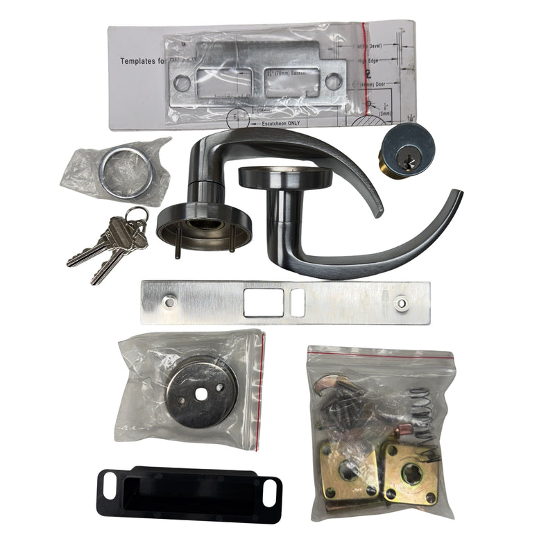 Complete Command Access L17B 626 mortise trim kit with handles, SC keyway cylinder, keys, spring packs, and mounting hardware laid out.