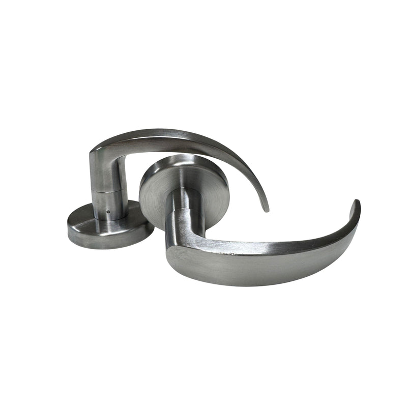 Pair of Command Access L17B 626 mortise trim handles with L17 curved levers in satin chrome finish shown side by side.