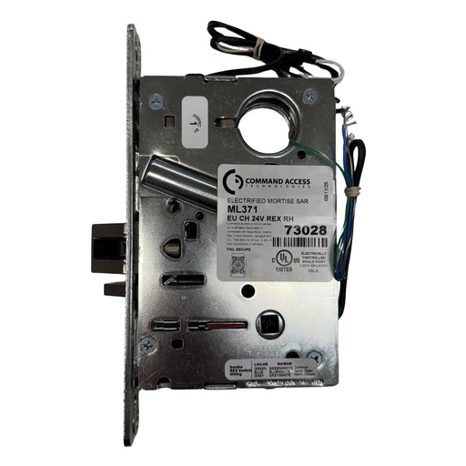 Inside view of a Sargent 8200 Series mortise lock chassis electrified by Command Access Technologies, model ML371-EU-CH-24V-REX, showing internal wiring and solenoid setup.