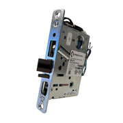 Angled inside view of the Command Access ML371-EU-CH-24V-REX, an electrified Sargent 8200 Series mortise lock chassis featuring integrated Request to Exit wiring.