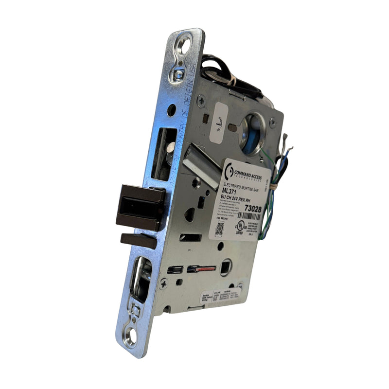 Angled inside view of the Command Access ML371-EU-CH-24V-REX, an electrified Sargent 8200 Series mortise lock chassis featuring integrated Request to Exit wiring.