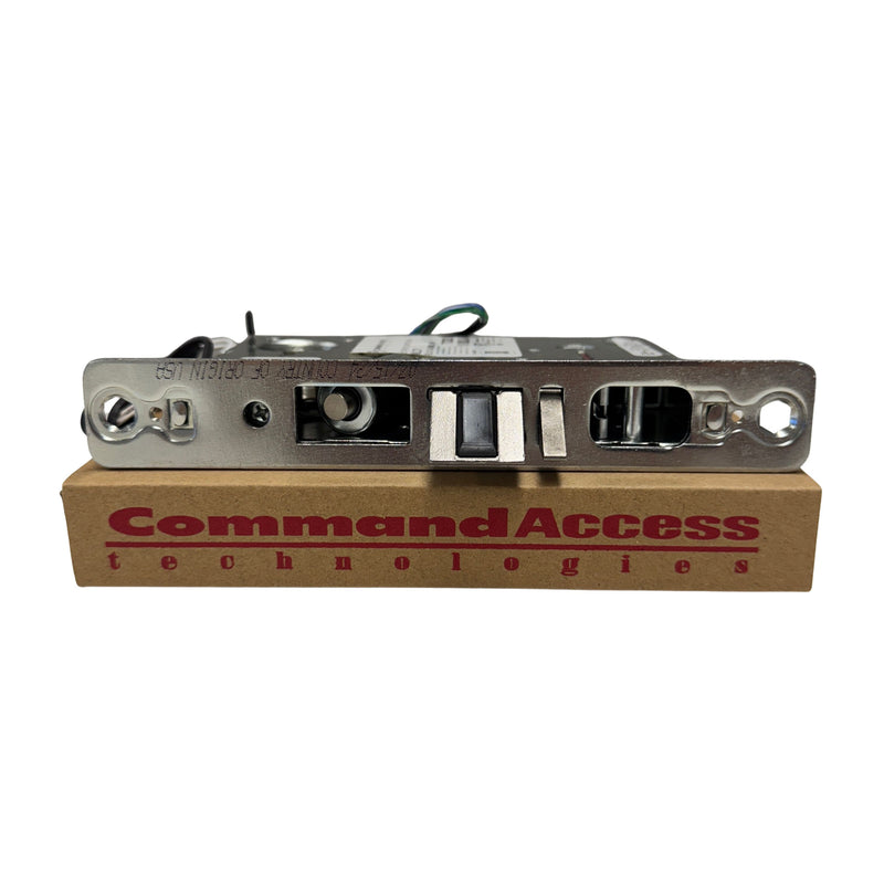 Electrified Sargent 8200 Series mortise lock by Command Access Technologies, model ML371-EU-CH-24V-REX, displayed on top of Command Access packaging box.