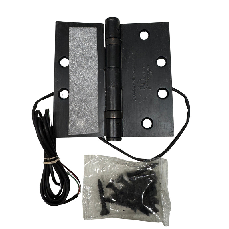 Command Access ETH4W5K4545 613 4.5 x 4.5 electric hinge displayed with matching screw pack in oil rubbed bronze finish.