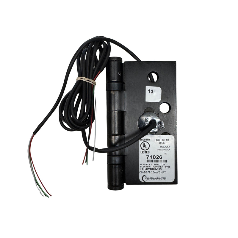 Side view of Command Access ETH4W5K4040 613 CH-BB79 energy transfer hinge showing 4 low-voltage wires emerging from knuckle section.