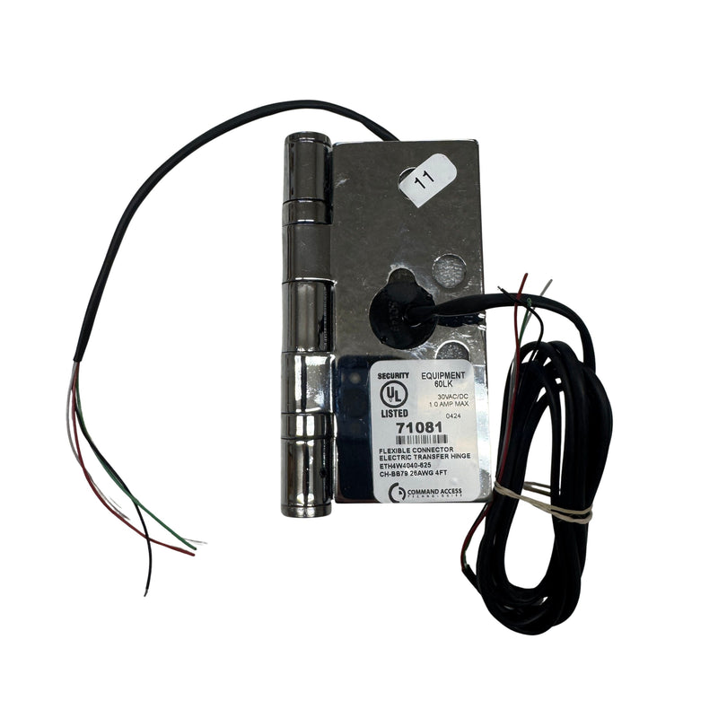 Side view of Command Access ETH4W5K4040 625 CH-BB79 energy transfer hinge showing 4 low-voltage wires extending from knuckle section.