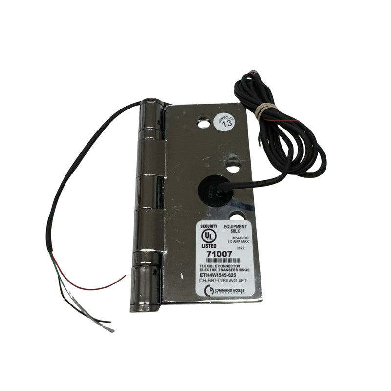 Side angle of Command Access ETH4W5K4545 625 CH-BB79 energy transfer hinge showing 4 low-voltage wires emerging from knuckle section.